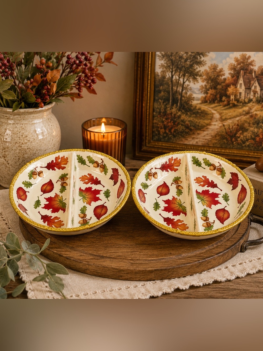 Temp-Tations Ceramic Divided Serving Bowls with Red, Green & Yellow Leaf Motif